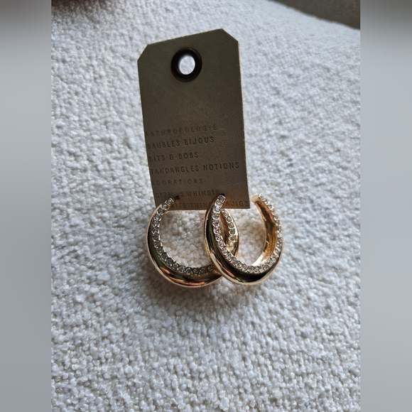 ANTHROPOLOGIE, Pave Open Hoop Earrings, Gold Tone- NEW! - Picture 3 of 5